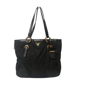 Authentic Prada Vitello Daino Nylon and Patent Leather Tote with Gold Hardware